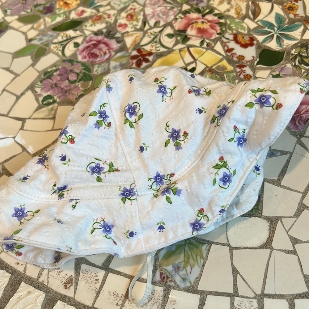 Floral berry print ruffle, brim, cotton, baby girl, sun hat, six months